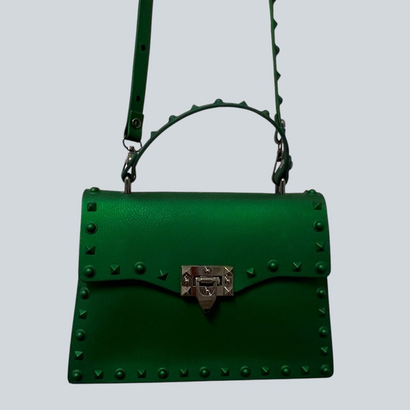 Green Studded Jelly Satchel Top Handle Crossbody Bag Rivet Lock Y2K - Picture 13 of 16